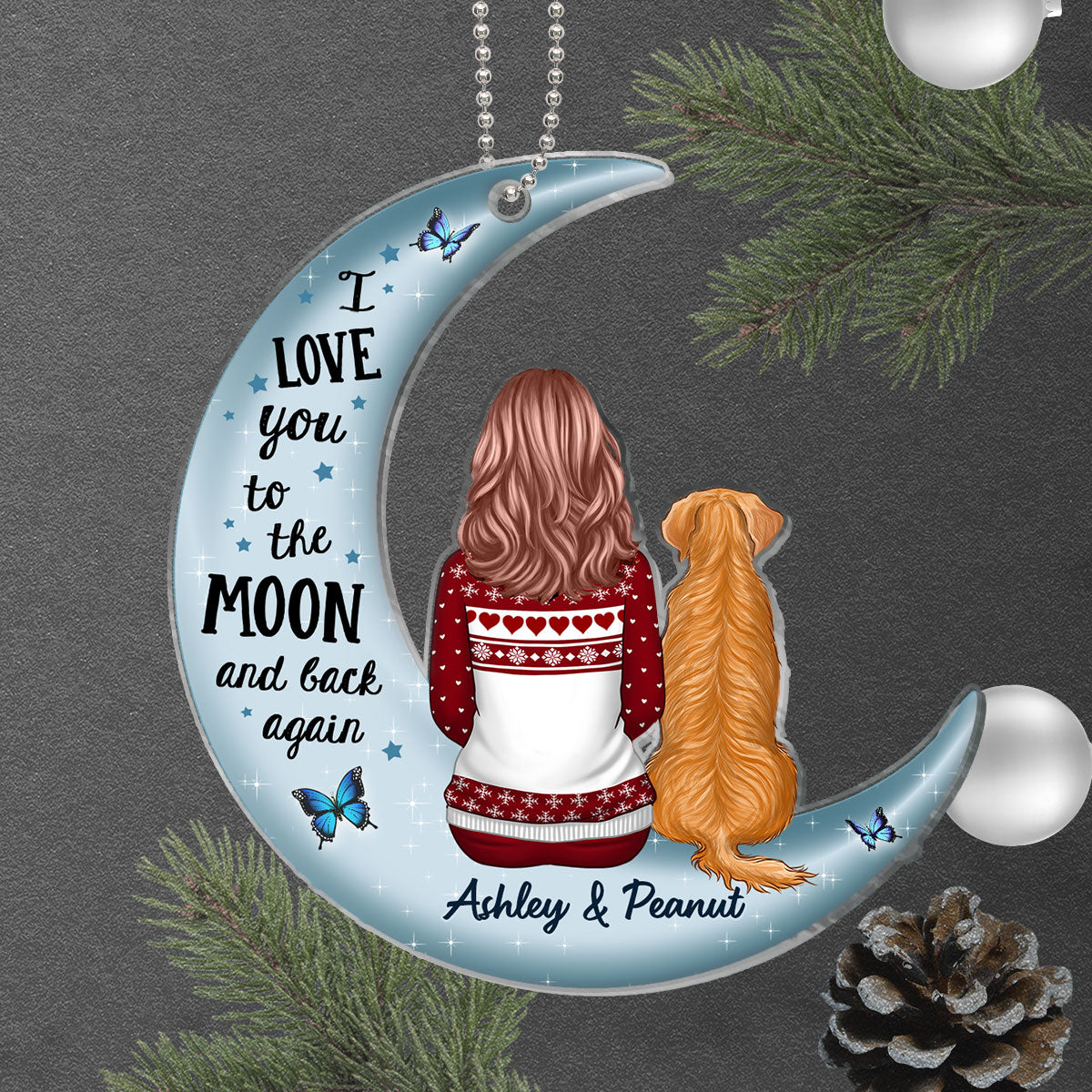 Love To The Moon Woman Dog Cat Keepsake Personalized Acrylic Ornament