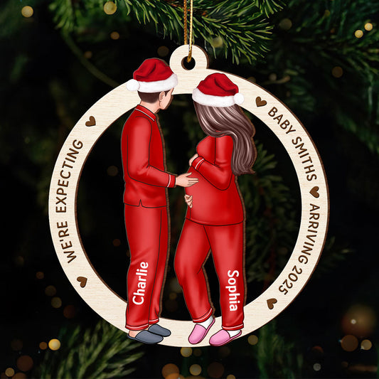 Expecting Parents Christmas Pregnancy Personalized Wooden Ornament, Baby Arriving Ornament