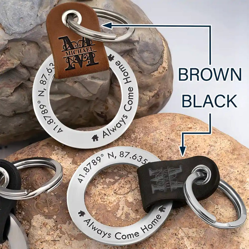 Location Coordinates Always Come Home - Personalized Leather Coordinates Keychain