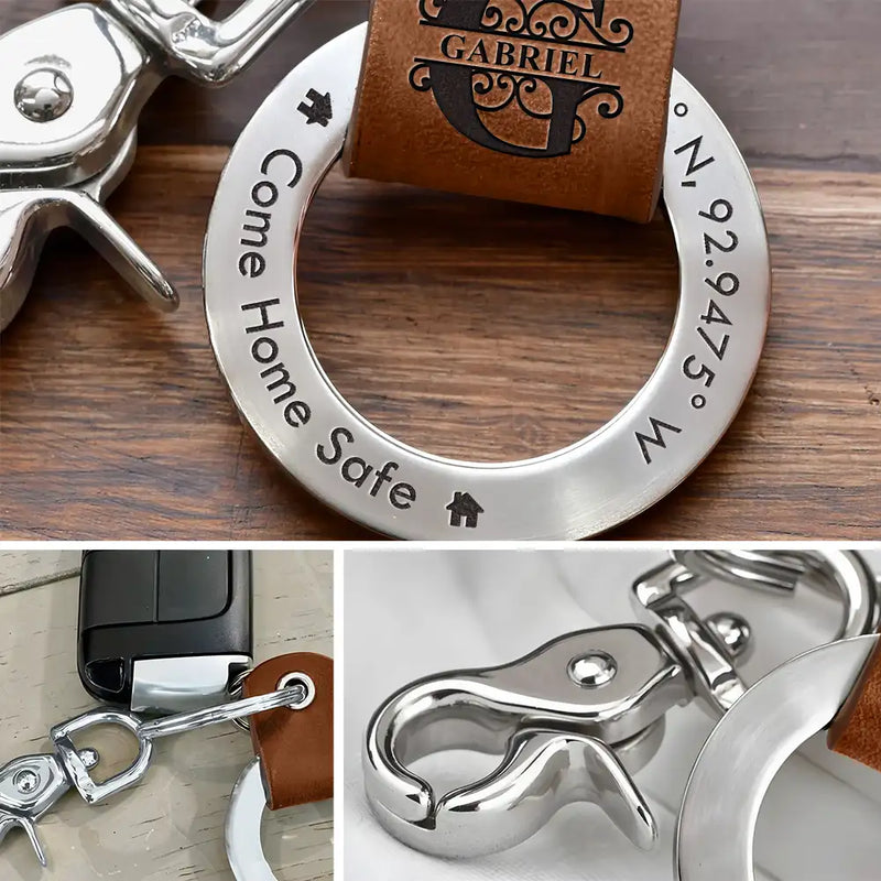 Location Coordinates Always Come Home - Personalized Leather Coordinates Keychain