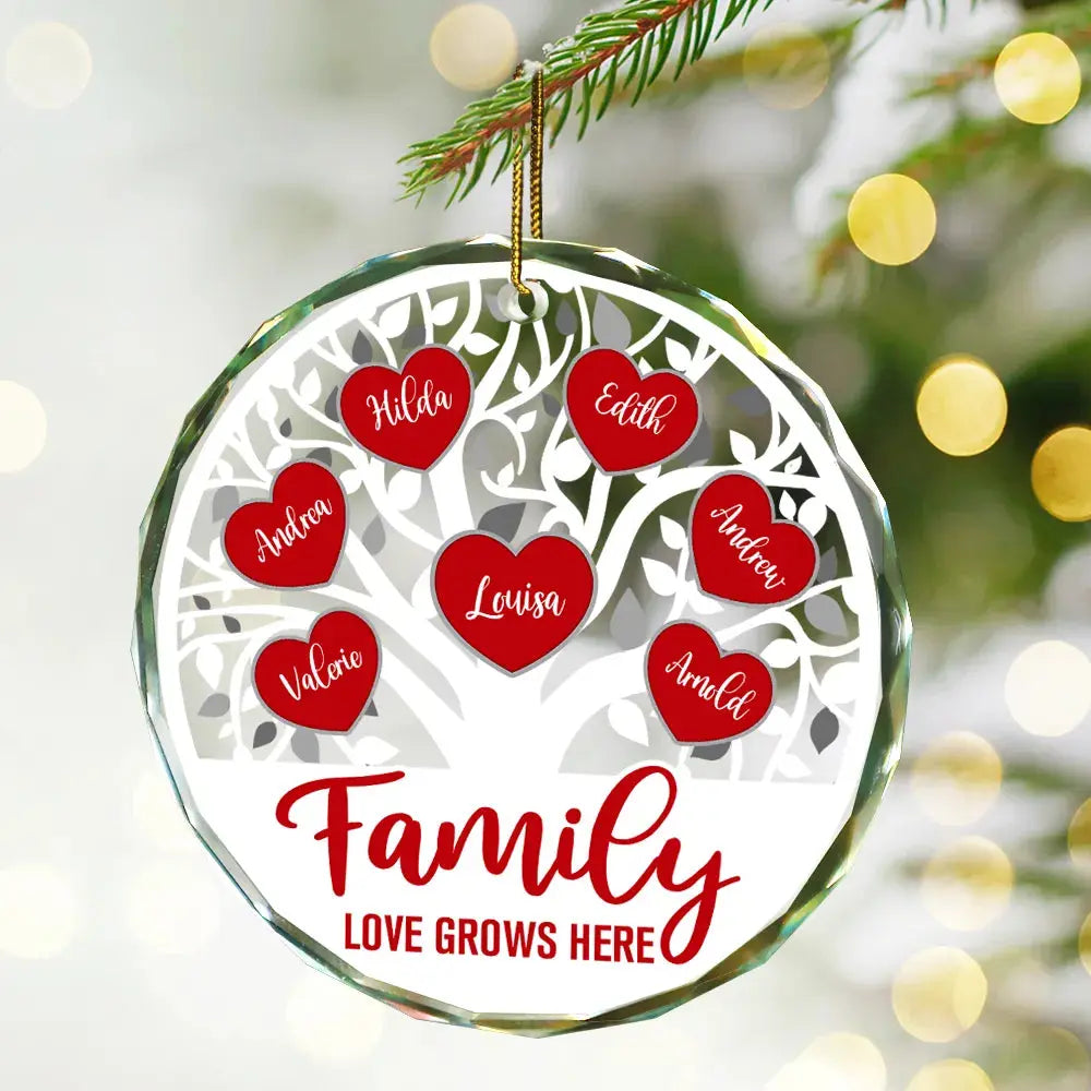 Love Grows Here Christmas Family - Personalized Circle Glass Ornament ornament The Next Custom Gift