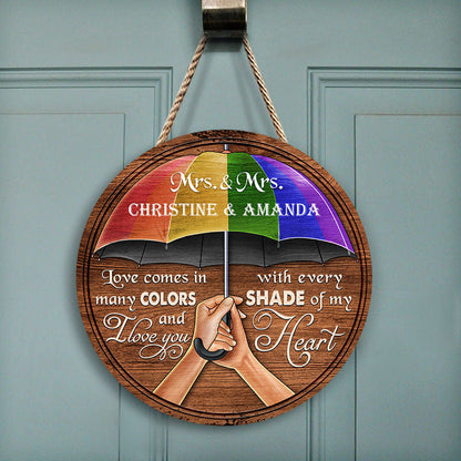 Love In Colors Umbrella Pride Couple Anniversary Gift - Personalized Custom Wood Circle Sign