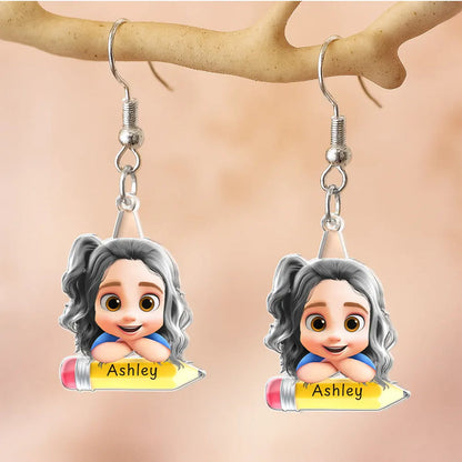 Lovely Kid On The Pencil - Personalized Acrylic Earrings