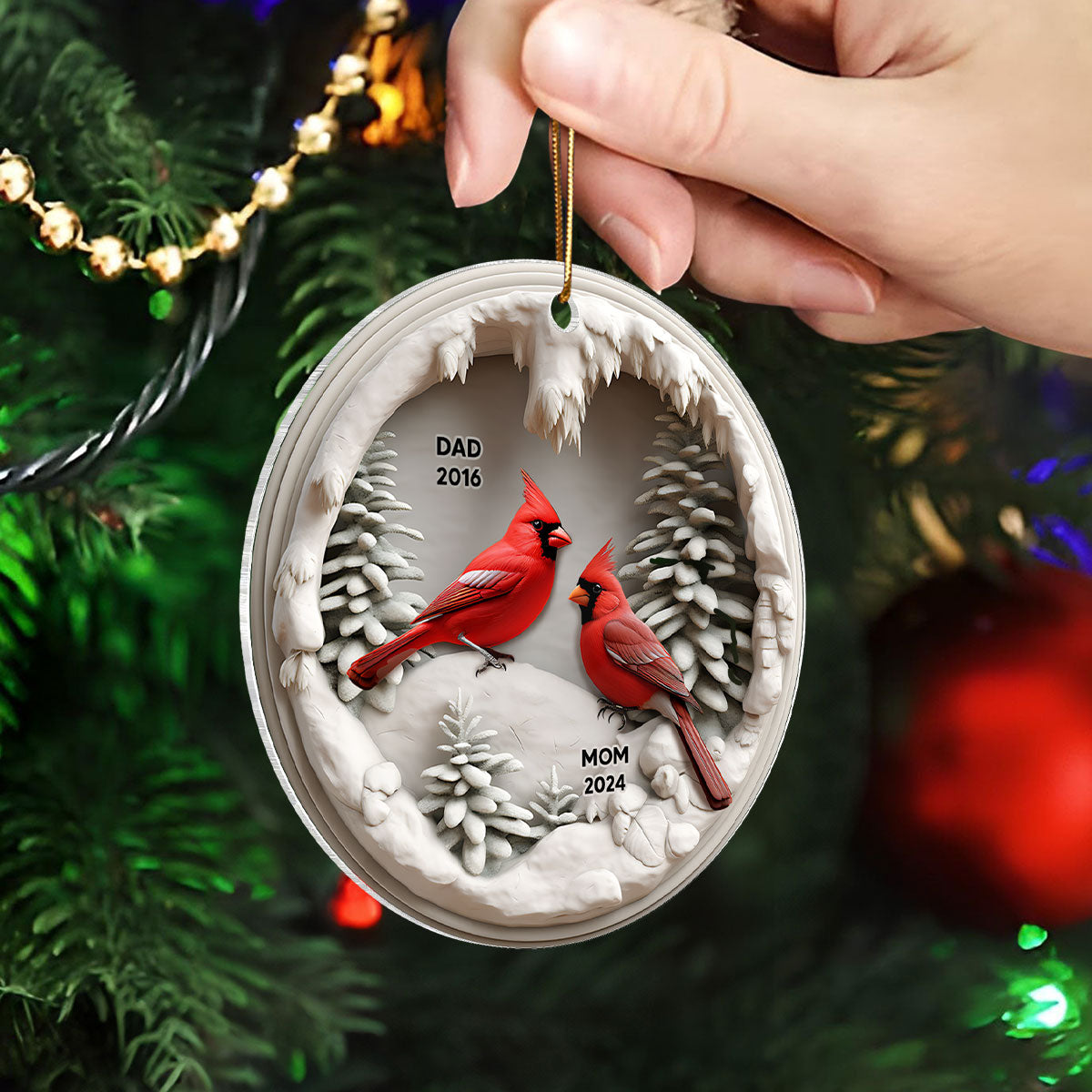 3D Effect Cardinals In Winter Cave Christmas Personalized Acrylic Ornament, Remembrance Gift, Sympathy Gift