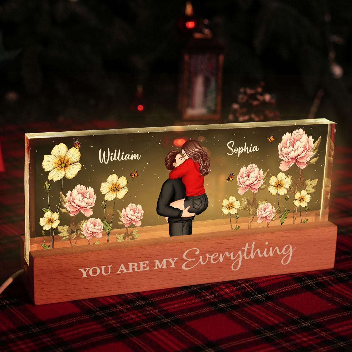 Couple Embracing Kissing Birth Month Flower Personalized Acrylic Block LED Night Light, Heartfelt 2025  Gift For Couple, For Him, For Her, Boyfriend, Girlfriend, Husband, Wife