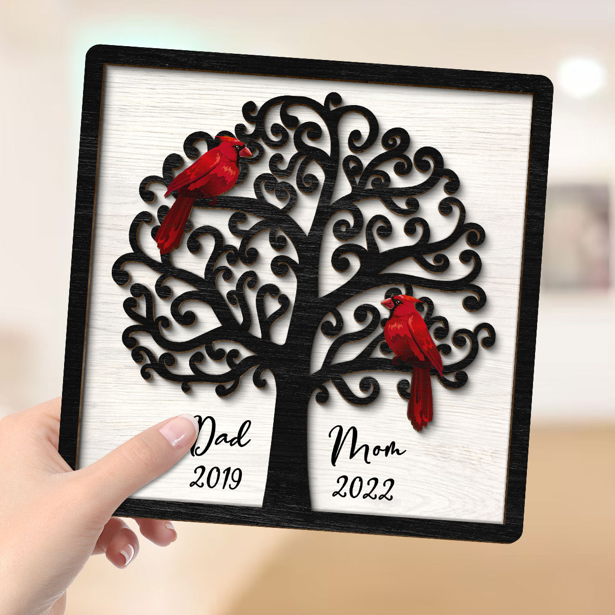Dad Mom Cardinal Tree Personalized 2-Layer Wooden Plaque