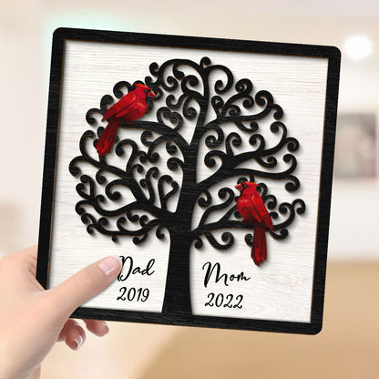 Dad Mom Cardinal Tree Personalized 2-Layer Wooden Plaque