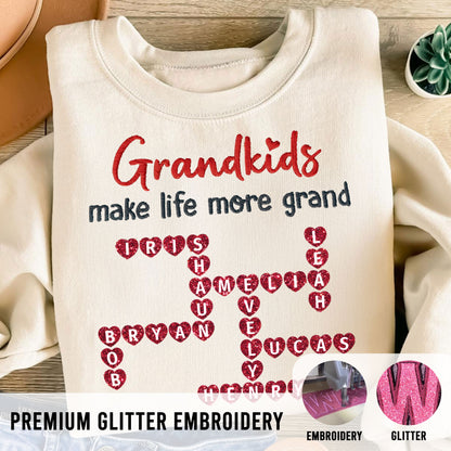 Grandkids The Greatest Gifts Crossword Puzzle Art Personalized Glitter Embroidery Sweater, Heartfelt Gift For Grandma