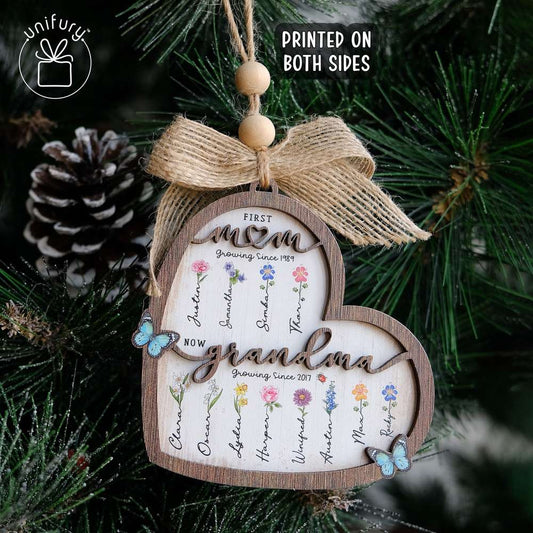 First Mom Now Grandma 3-Layered Wooden Ornament - Birth Flower - Gifts For Grandma, Dog Cat Lovers