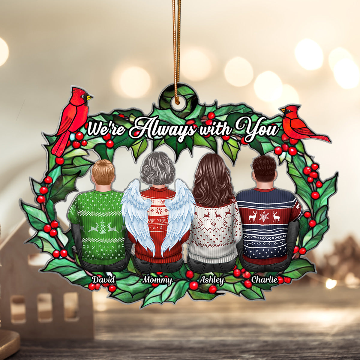 Christmas Family Sitting Back View Holly Branch Memorial Personalized Acrylic Ornament, Remembrance Gift, Sympathy Gift