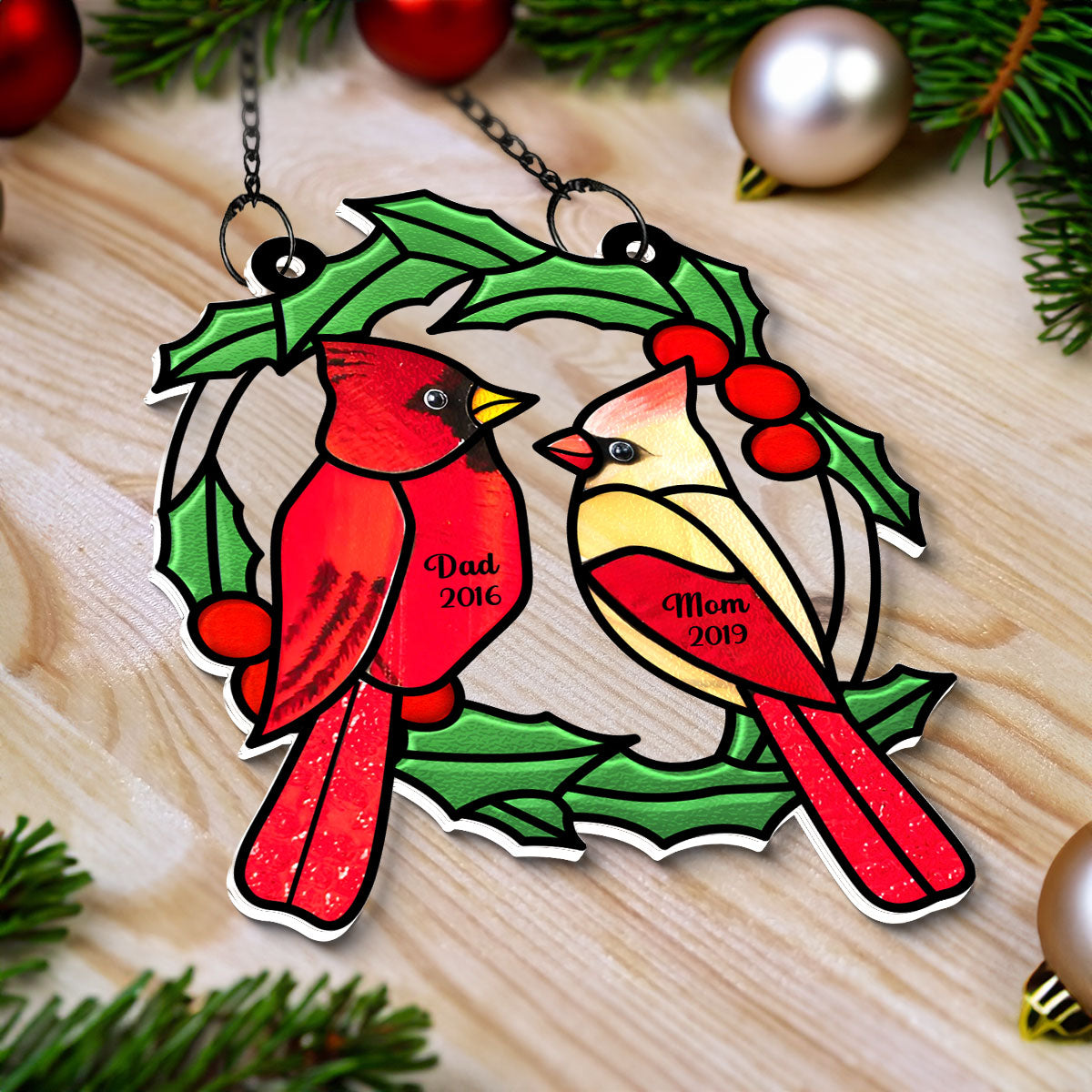 Christmas Wreath Cardinal Memorial Personalized Window Hanging Suncatcher Ornament, Sympathy Gift