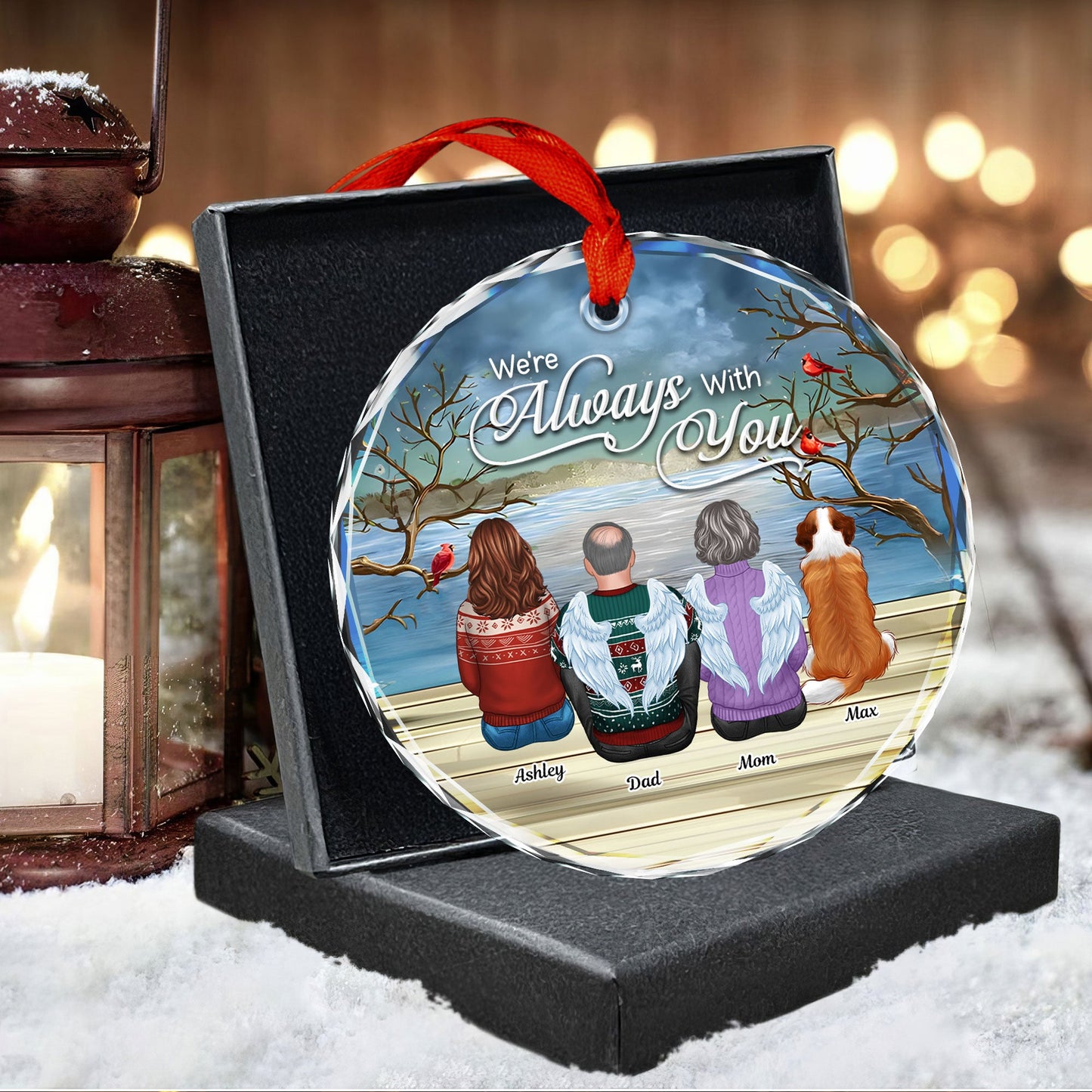 Always With You Christmas Family Sitting Back View Memorial Personalized Glass Ornament, Remembrance Gift, Sympathy Gift
