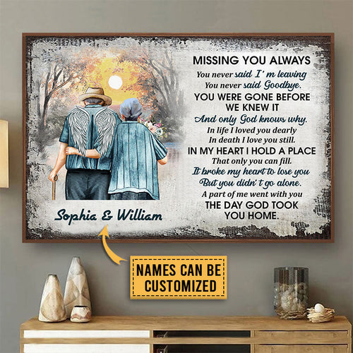 Memorial Gift Old Couple Husband Wife Missing You Always Custom Poster, Widow, Sympathy, Loss Of Husband, Wall Pictures, Wall Art, Wall Decor
