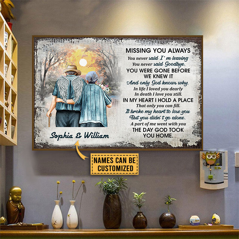 Memorial Gift Old Couple Husband Wife Missing You Always Custom Poster, Widow, Sympathy, Loss Of Husband, Wall Pictures, Wall Art, Wall Decor