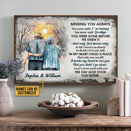 Memorial Gift Old Couple Husband Wife Missing You Always Custom Poster, Widow, Sympathy, Loss Of Husband, Wall Pictures, Wall Art, Wall Decor