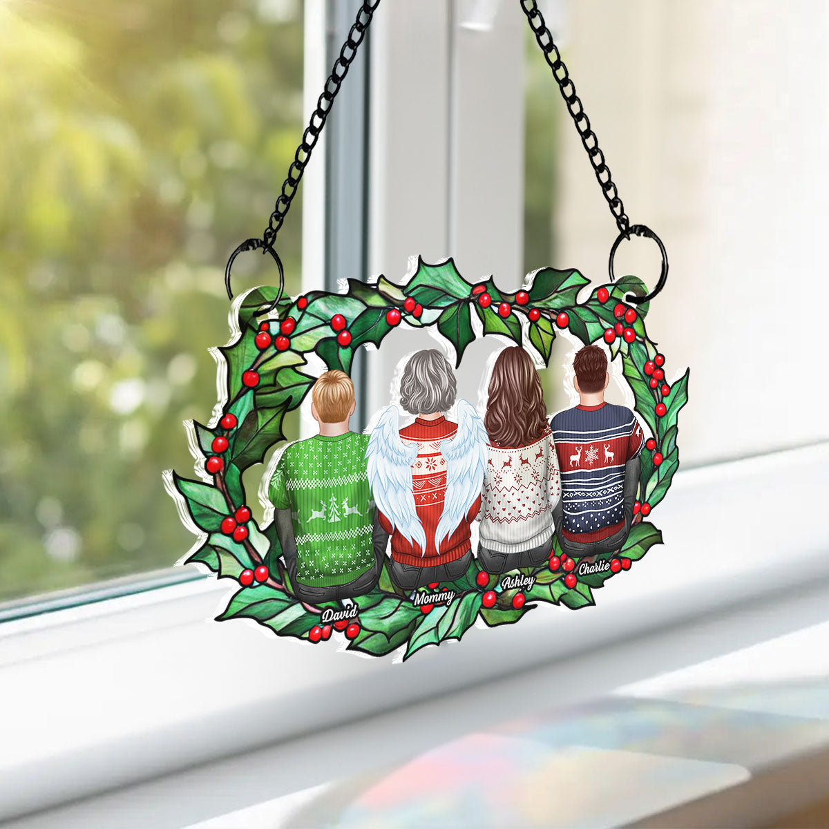 Family Sitting Back View Holly Branch Personalized Suncatcher, Heartfelt Memorial Gift For Your Loved One