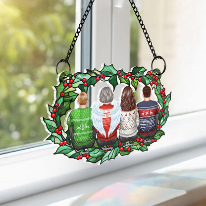 Family Sitting Back View Holly Branch Personalized Suncatcher, Heartfelt Memorial Gift For Your Loved One