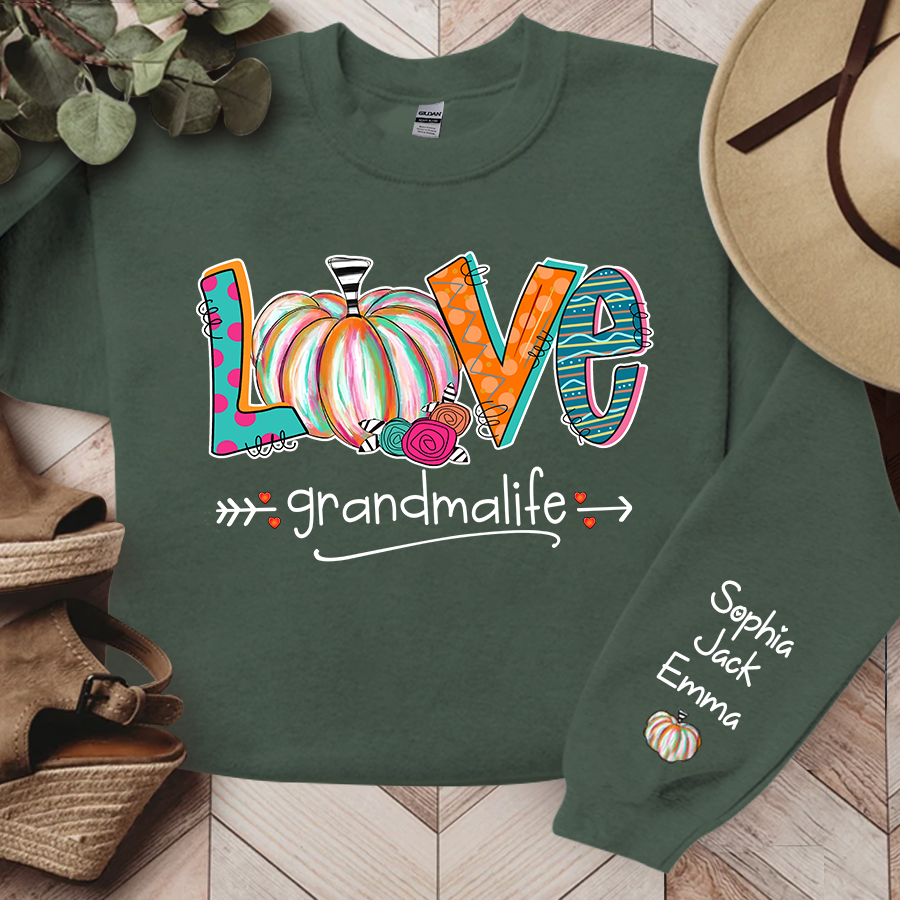 Love Grandma Life Pumpkins Grandkids Name Sweatshirt