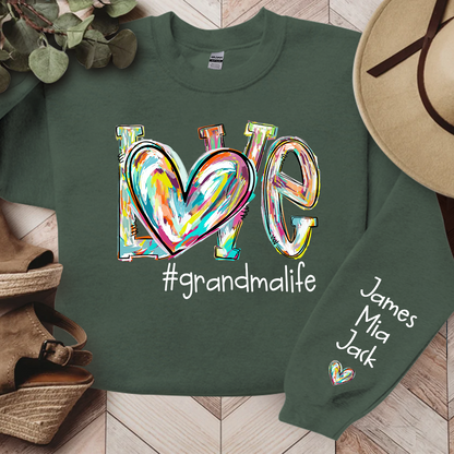 Love Grandma Life Color Clipart Custom Sweatshirt, Custom Grandmalife With Kids Names On Sleeve Sweatshirt