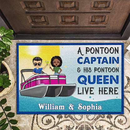 Pontoon Captain And Pontoon Queen Live Here - Personalized Custom Doormat