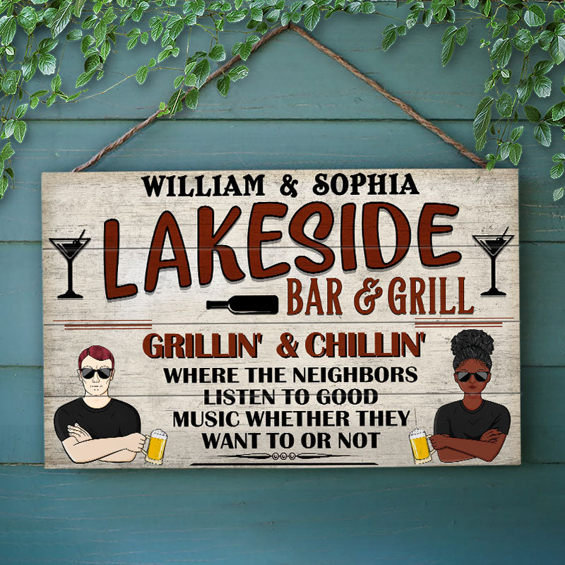 Bar & Grill Where The Neighbors - Lake House Decor - Personalized Custom Wood Rectangle Sign