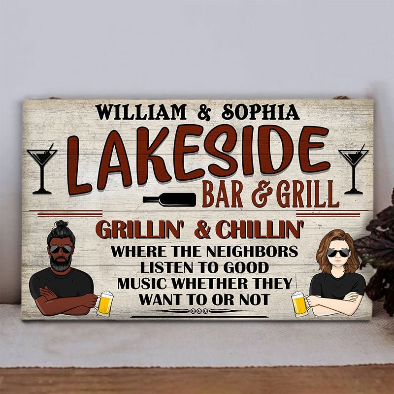 Bar & Grill Where The Neighbors - Lake House Decor - Personalized Custom Wood Rectangle Sign