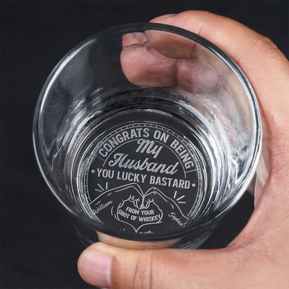 Congrats On Being My Husband You Lucky Man Heart Sign Couple Hand - Personalized Engraved Whiskey Glass