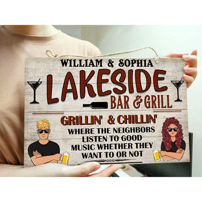 Bar & Grill Where The Neighbors - Lake House Decor - Personalized Custom Wood Rectangle Sign