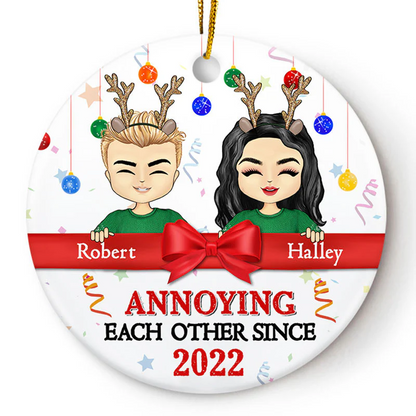 Christmas Chibi Couple Annoying Each Other Since - Personalized Custom Circle Ornament