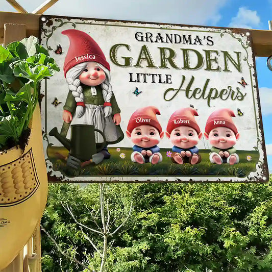 Gnome Grandma's Garden Little Helpers 3D Effect Printed - Personalized Classic Metal Signs