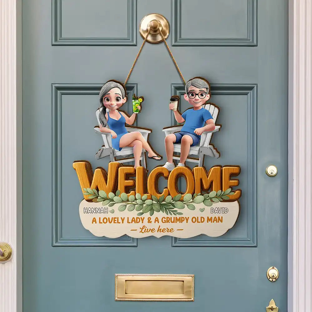 A Lovely Lady And A Grumpy Old Man Live Here - Personalized Custom Shaped Wood Sign