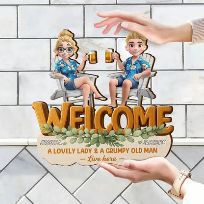 A Lovely Lady And A Grumpy Old Man Live Here - Personalized Custom Shaped Wood Sign