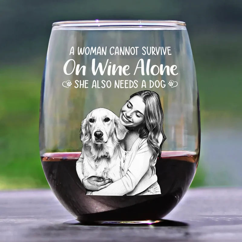 Custom Photo Pencil Sketch Art A Woman Cannot Survive On Wine Alone Dog - Personalized Stemless Wine Glass