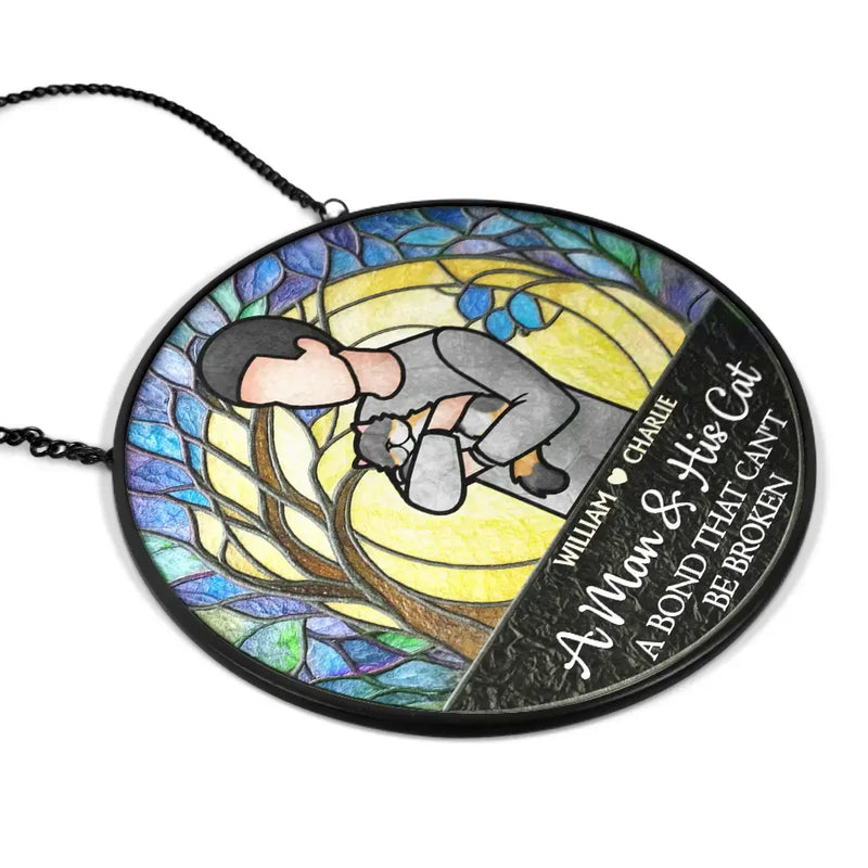 A Girl And Her Dog A Bond That Can't Be Broken Woman Man Hug Pet - Personalized Stained Glass Window Hanging Suncatcher