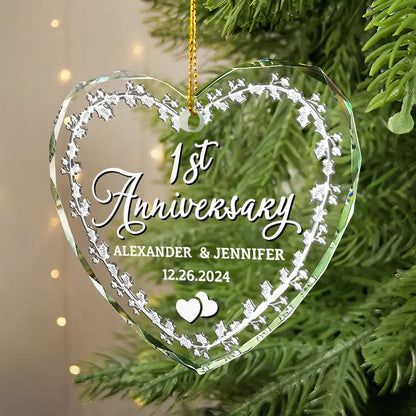 Married Couple Wedding Anniversary Milestones - 3D Precious Stone And Metal Effect Printed, Personalized Heart Shaped Acrylic Ornament
