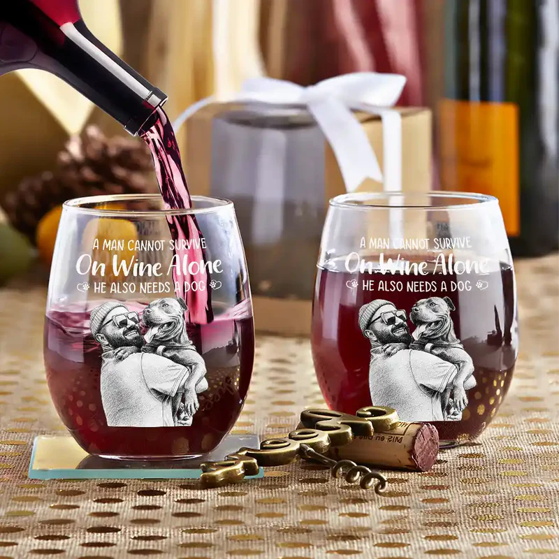 Custom Photo Pencil Sketch Art A Woman Cannot Survive On Wine Alone Dog - Personalized Stemless Wine Glass