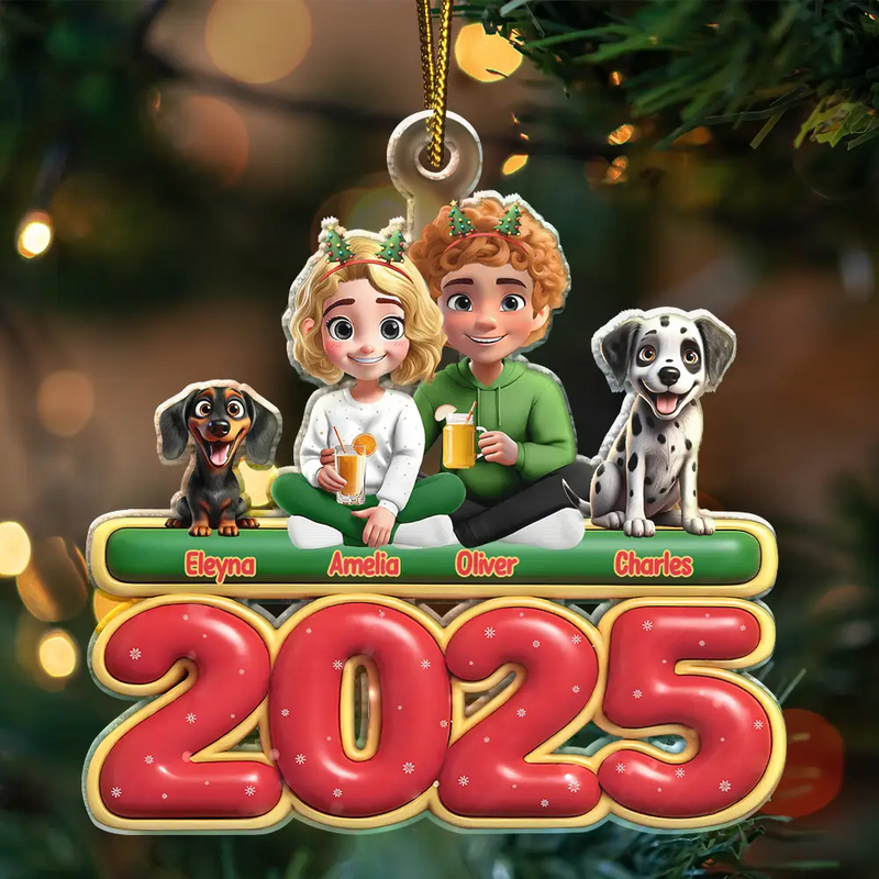 Cute Couple With Kids And Dogs Cats 3D Effect - Personalized Custom Shaped Acrylic Ornament