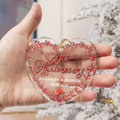 Married Couple Wedding Anniversary Milestones - 3D Precious Stone And Metal Effect Printed, Personalized Heart Shaped Acrylic Ornament