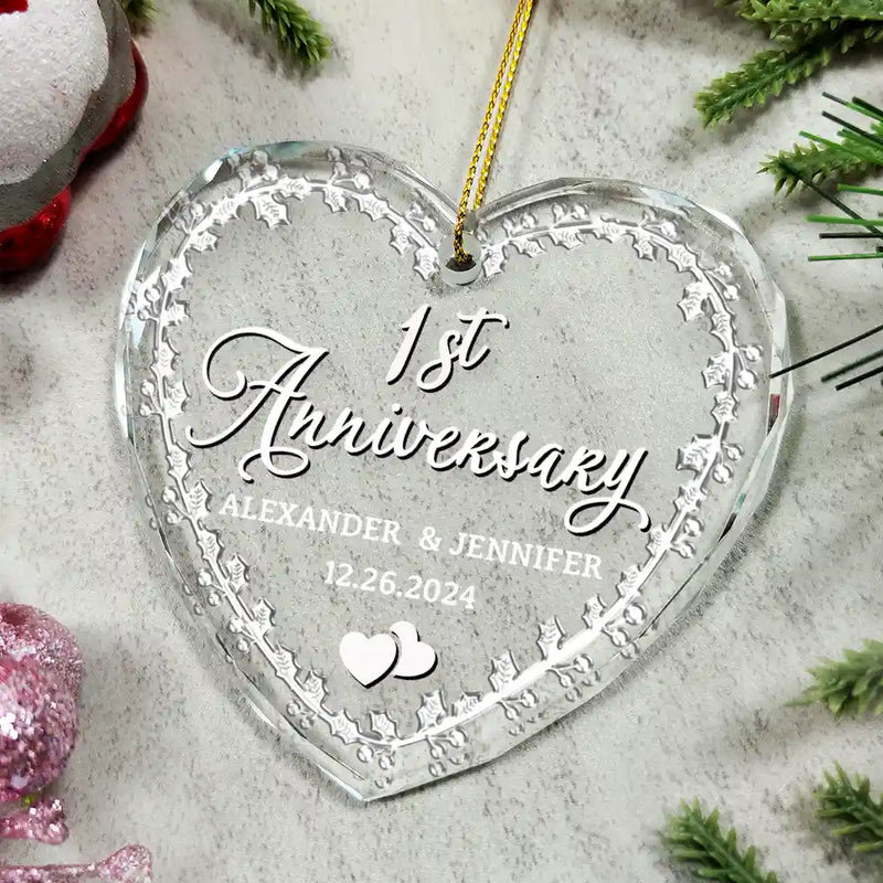 Married Couple Wedding Anniversary Milestones - 3D Precious Stone And Metal Effect Printed, Personalized Heart Shaped Acrylic Ornament