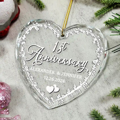 Married Couple Wedding Anniversary Milestones - 3D Precious Stone And Metal Effect Printed, Personalized Heart Shaped Acrylic Ornament