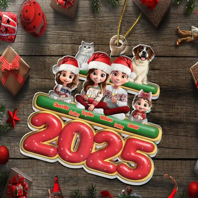 Cute Couple With Kids And Dogs Cats 3D Effect - Personalized Custom Shaped Acrylic Ornament