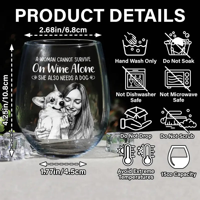 Custom Photo Pencil Sketch Art A Woman Cannot Survive On Wine Alone Dog - Personalized Stemless Wine Glass