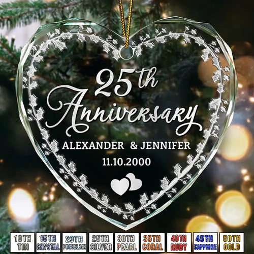 Married Couple Wedding Anniversary Milestones - 3D Precious Stone And Metal Effect Printed, Personalized Heart Shaped Acrylic Ornament