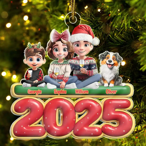 Cute Couple With Kids And Dogs Cats 3D Effect - Personalized Custom Shaped Acrylic Ornament