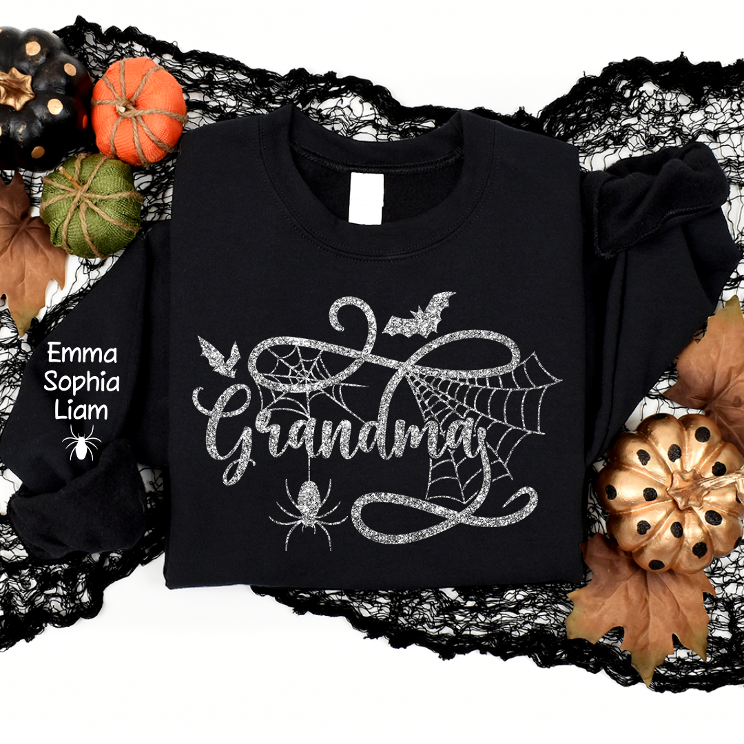 Custom Grandma Halloween With Grandkids Glitter Sweatshirt