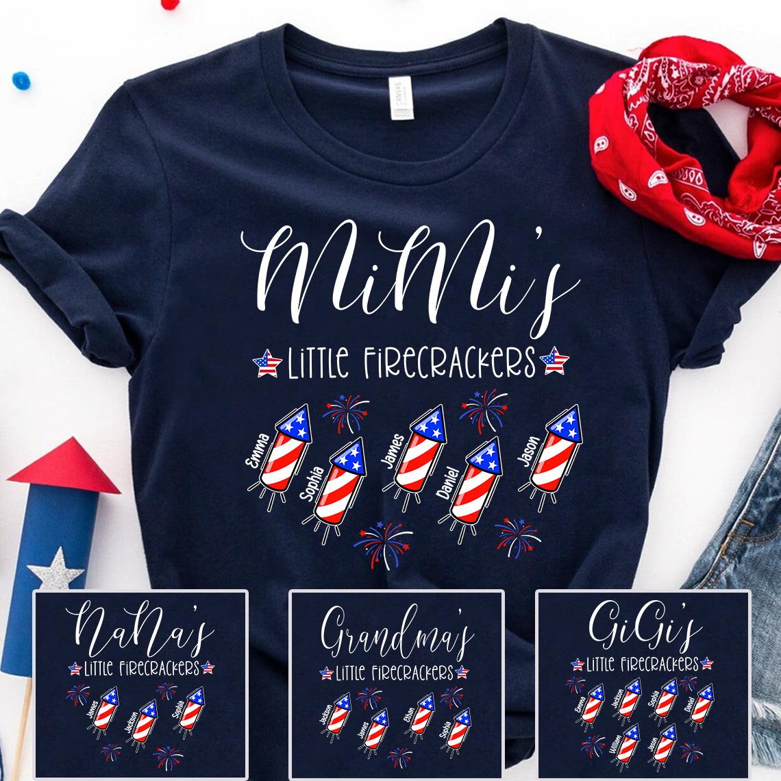 Mimi's Little Firecrackers 4th Of July, Custom Grandma With Kids TH Shirt