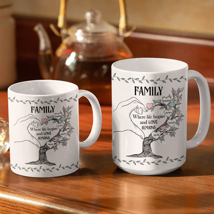 Life Begins And Love Remains - Gift For Couple, Mom, Dad, Family - Personalized White Edge-to-Edge Mug