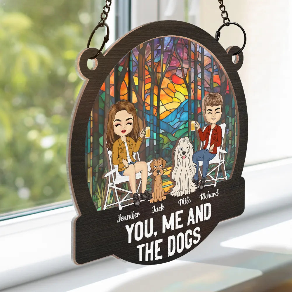 Camping You, Me And The Dogs - Personalized Window Hanging Suncatcher Ornament