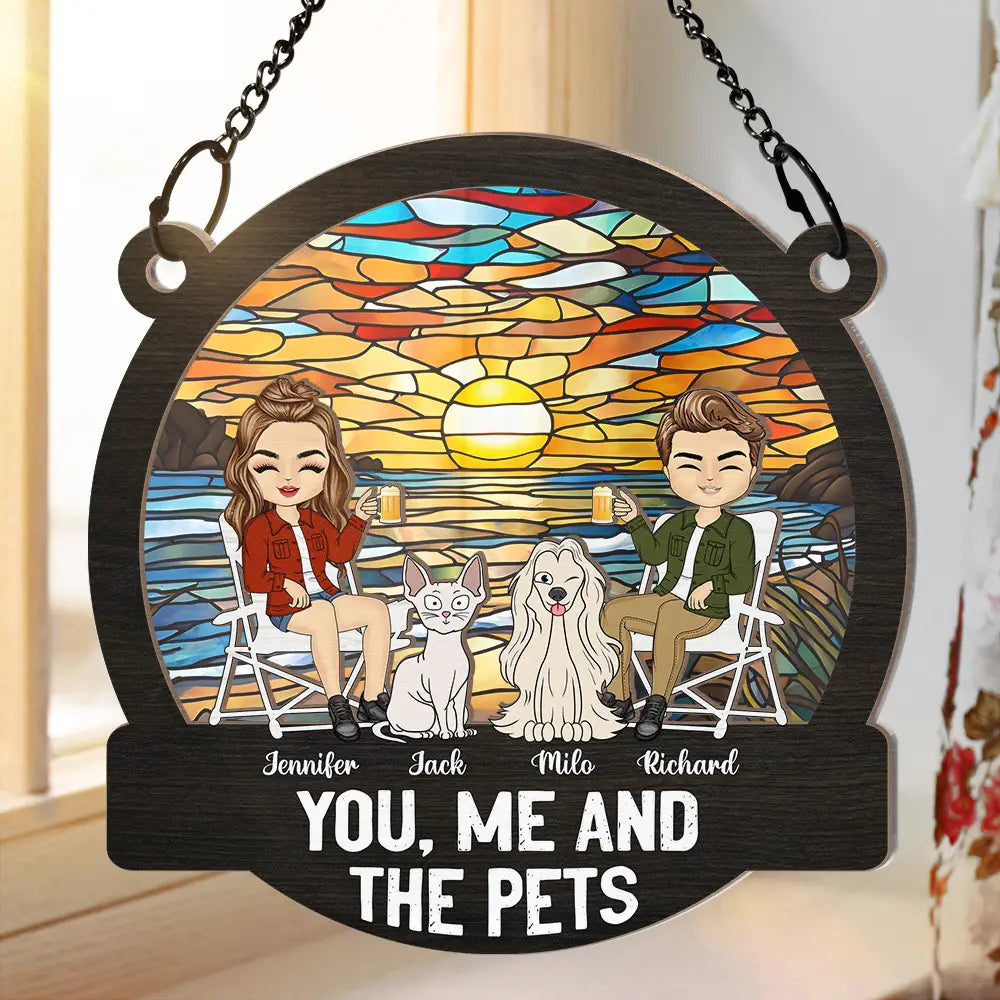 Camping You, Me And The Pets - Personalized Window Hanging Suncatcher Ornament