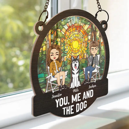 Camping You, Me And The Pets - Personalized Window Hanging Suncatcher Ornament